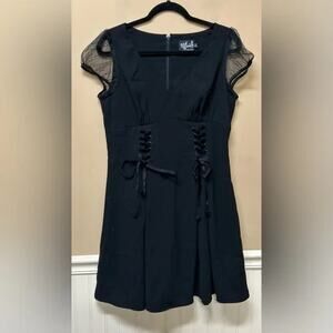 Hell Bunny Black Mini Dress Size S Sheer Mesh Sleeve Gothic Fit & Flare